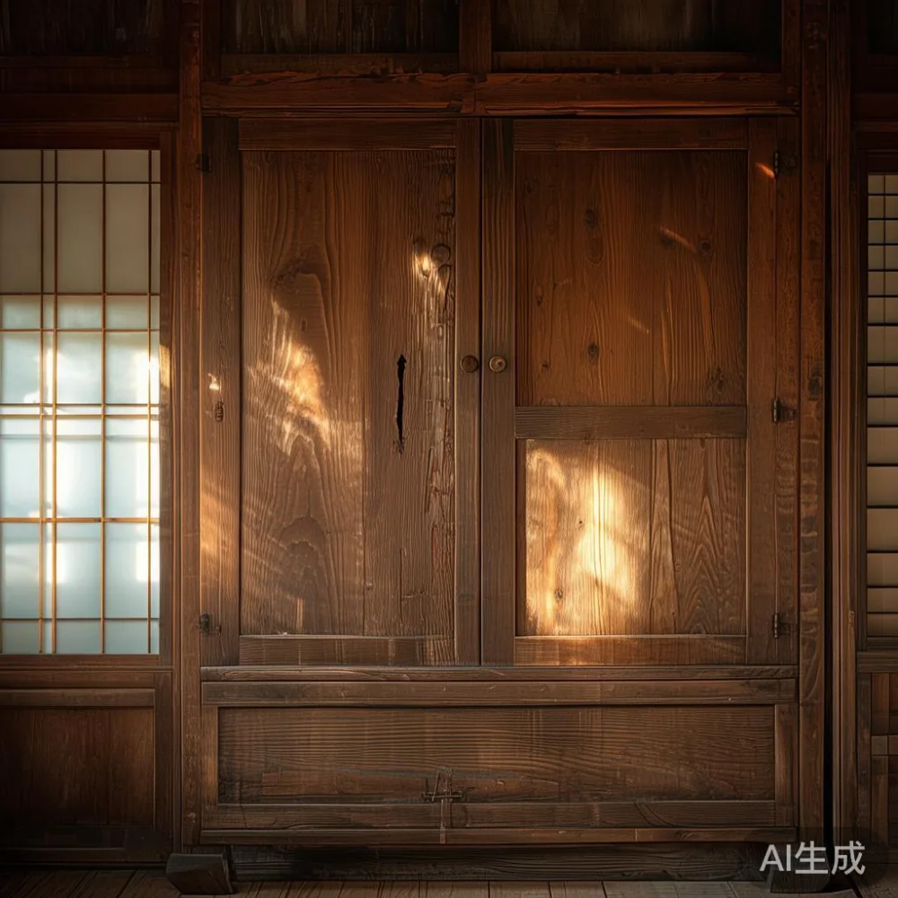 伝統的な日本の家に収められた木製ワードローブの写真