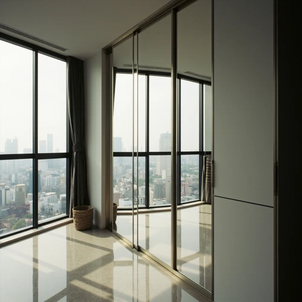 大阪の高層マンションに置かれた鏡面仕上げのポストモダンラグジュアリーなワードローブ。北向きの穏やかな光が金属見切12mmの存在感を強調する。