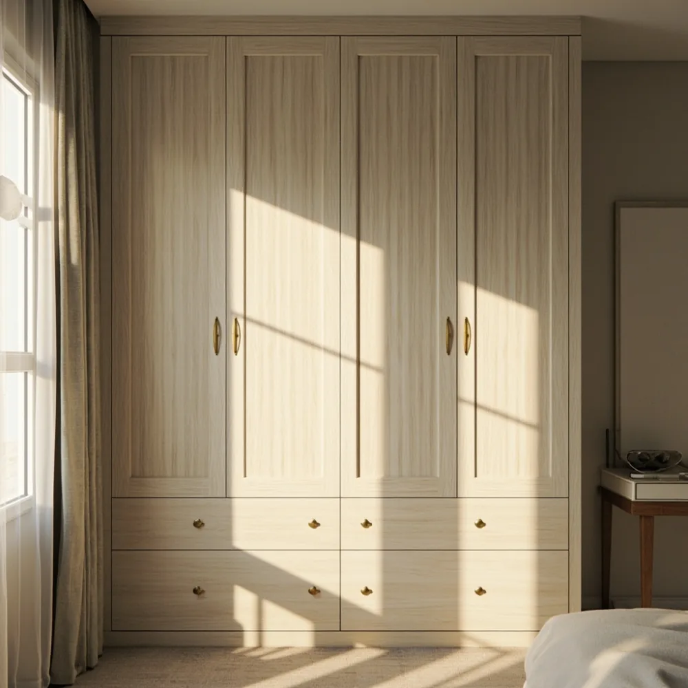Tokyo bedroom with French luxury white oak wardrobe and brass handles in warm 2700K light