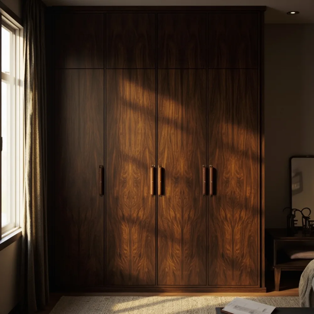 Osaka suburban house with American luxury dark walnut wardrobe and leather-wrapped handles in 2800K light