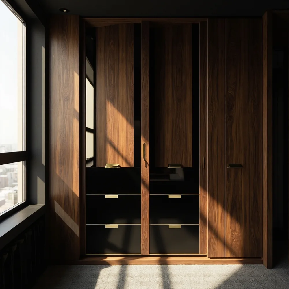 Nagoya modern apartment with postmodern walnut and black lacquer wardrobe with angular brass hardware in 3000K light
