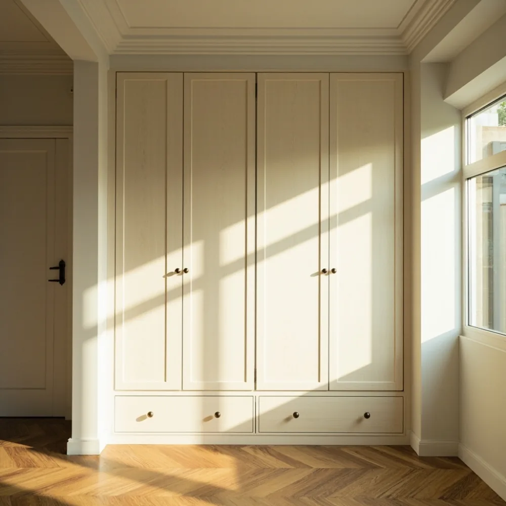 名古屋・東区の郊外の戸建てベッドルームに置かれたアメリカンクラシック・ホワイトオークのワードローブ。ヘリンボーン床とブラス取手が映える。